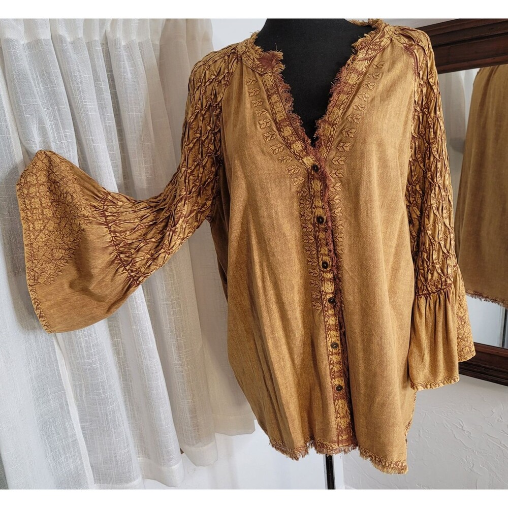 Tru Luxe Jeans Boho Peasant Top XL Burnt Orange Embroidered Bell Sleeve